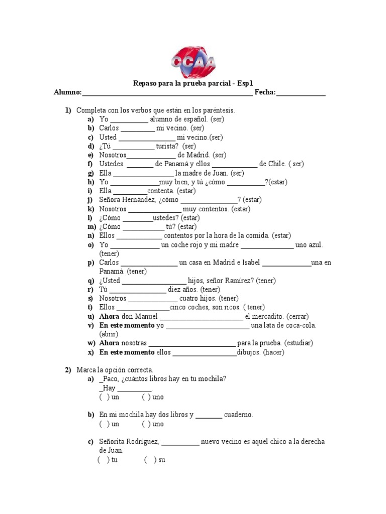 Repaso Prueba Parcial Español 1 | PDF