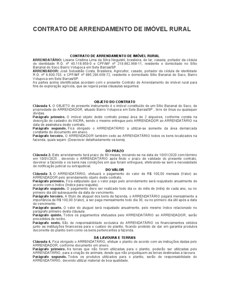 Contrato de Arrendamento de Imóvel Rural | PDF | Leasing