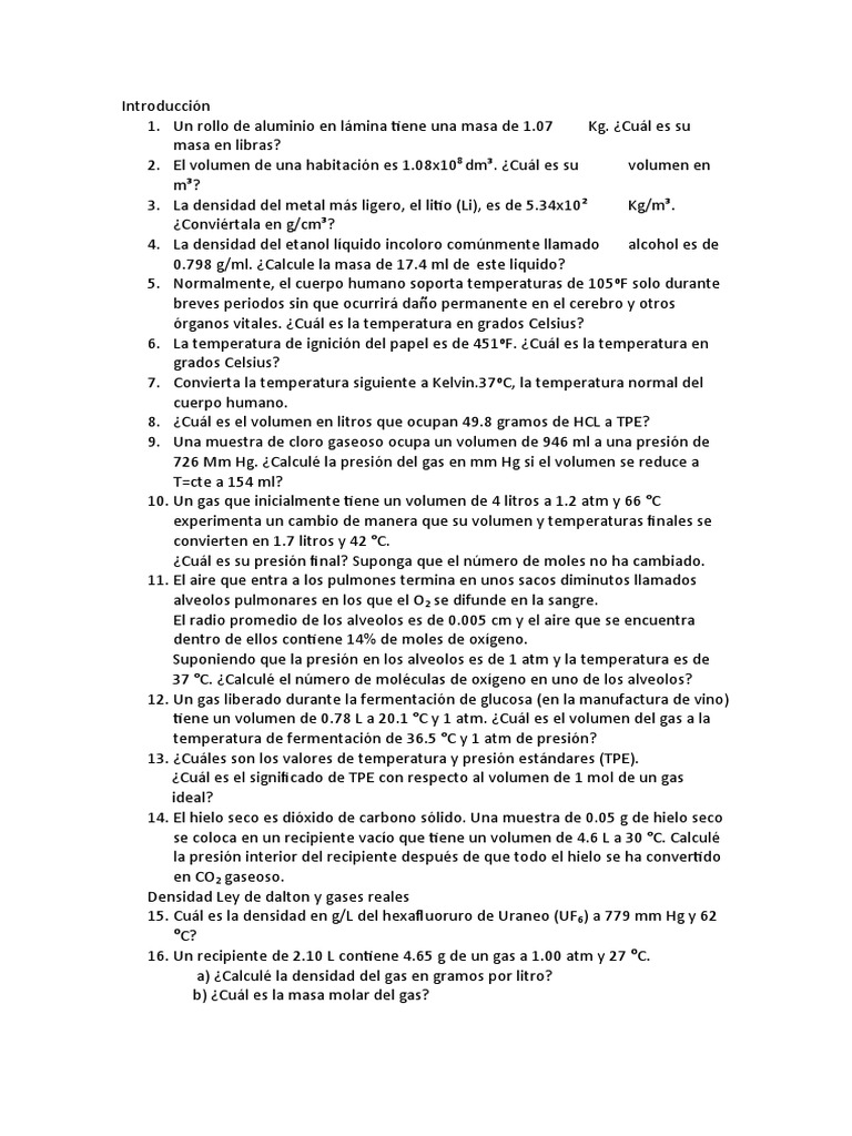 Conversión de Unidades y Propiedades de Gases | PDF | Gases | Mole (Unidad)