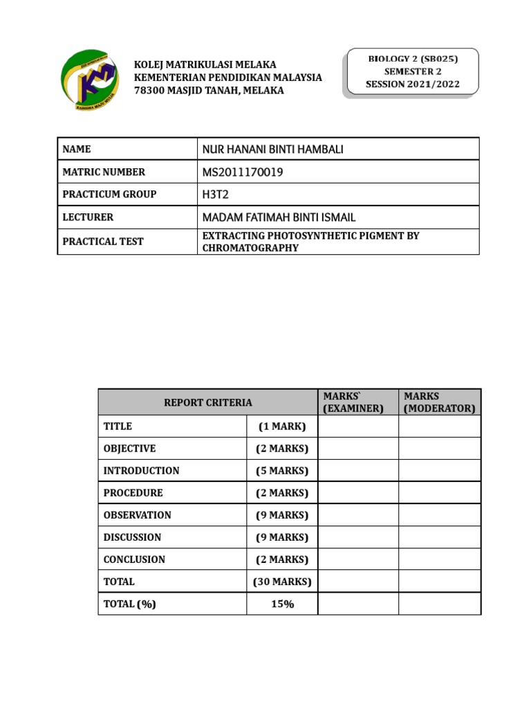 H3P2 Nur Hanani Lab Report SB025 PDF Photosynthesis Chlorophyll