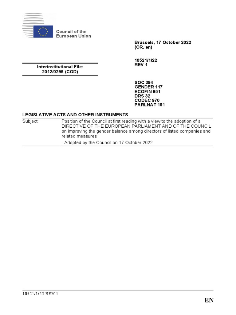 Directive On Gender Balance in Corporate Boards PDF Gender Studies