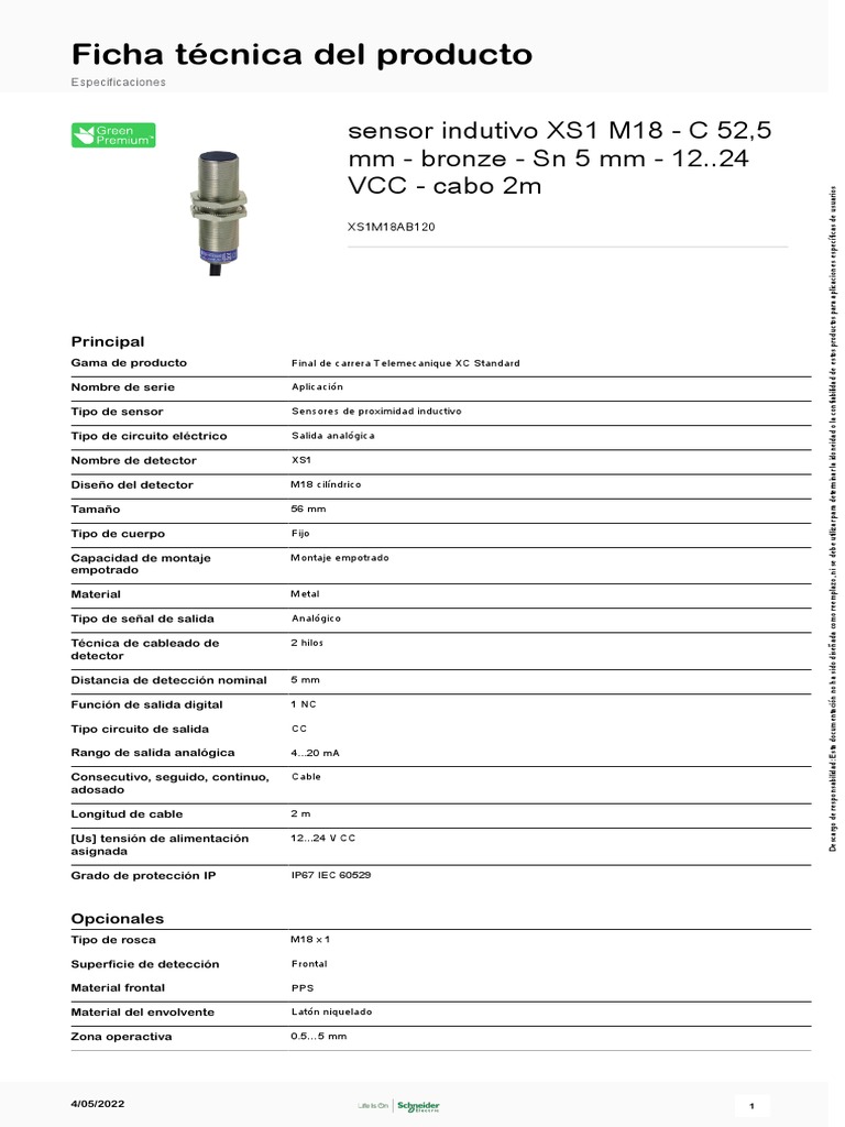 Inductive and Capacitive Sensors XS & XT - XS1M18AB120 | PDF