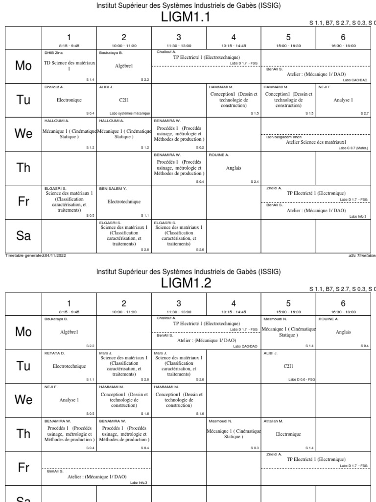 Emploi du temps ISSIG 2022-2023 | PDF | Électronique | Physique