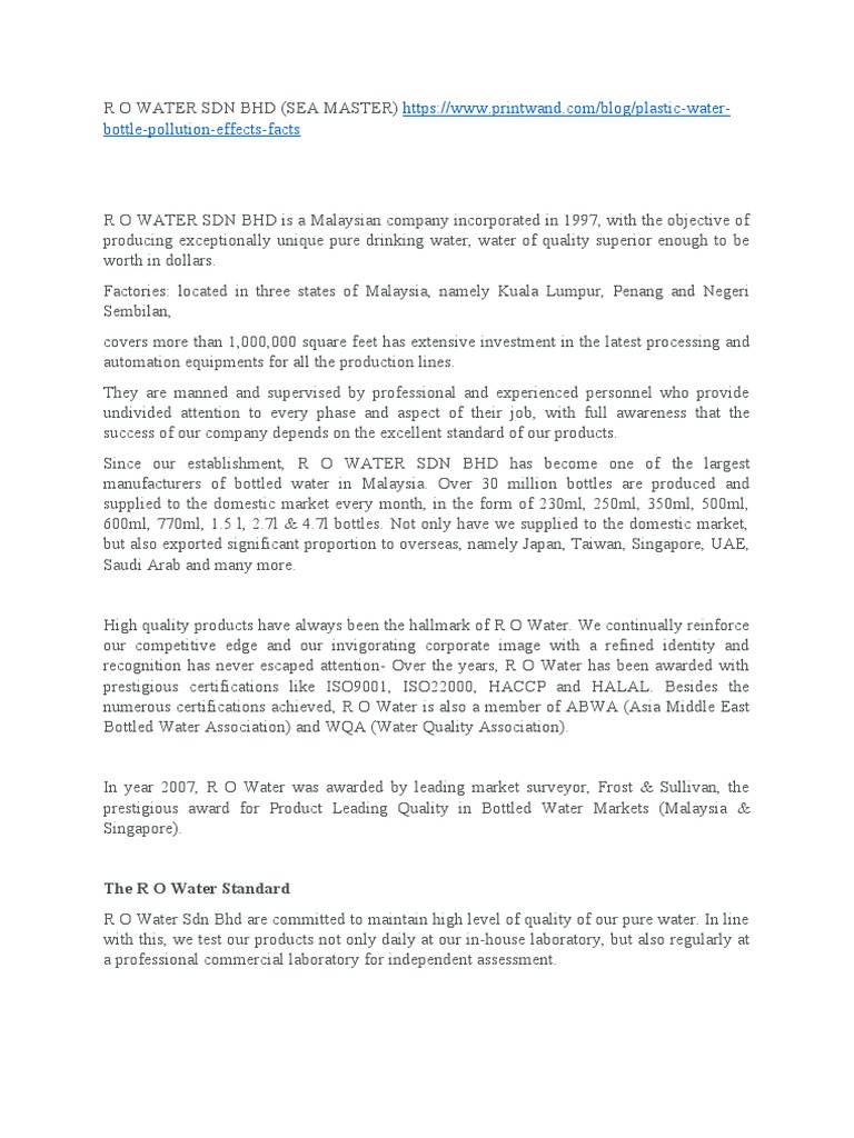 R o Water SDN BHD | PDF