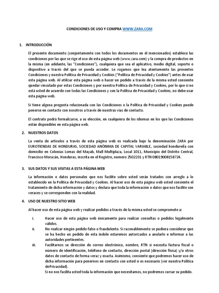 Zara Terms and Conditions Es HN 20200825 PDF Red mundial