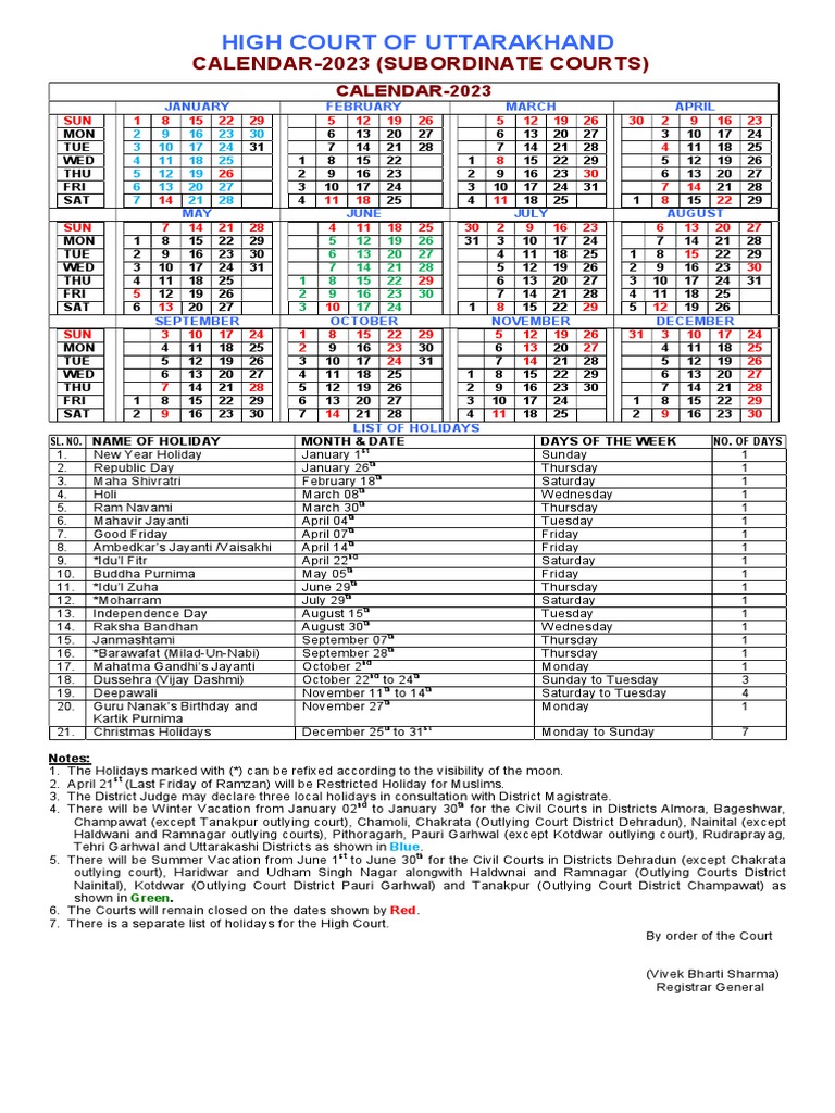 Subordinate Court Calendar 2025 