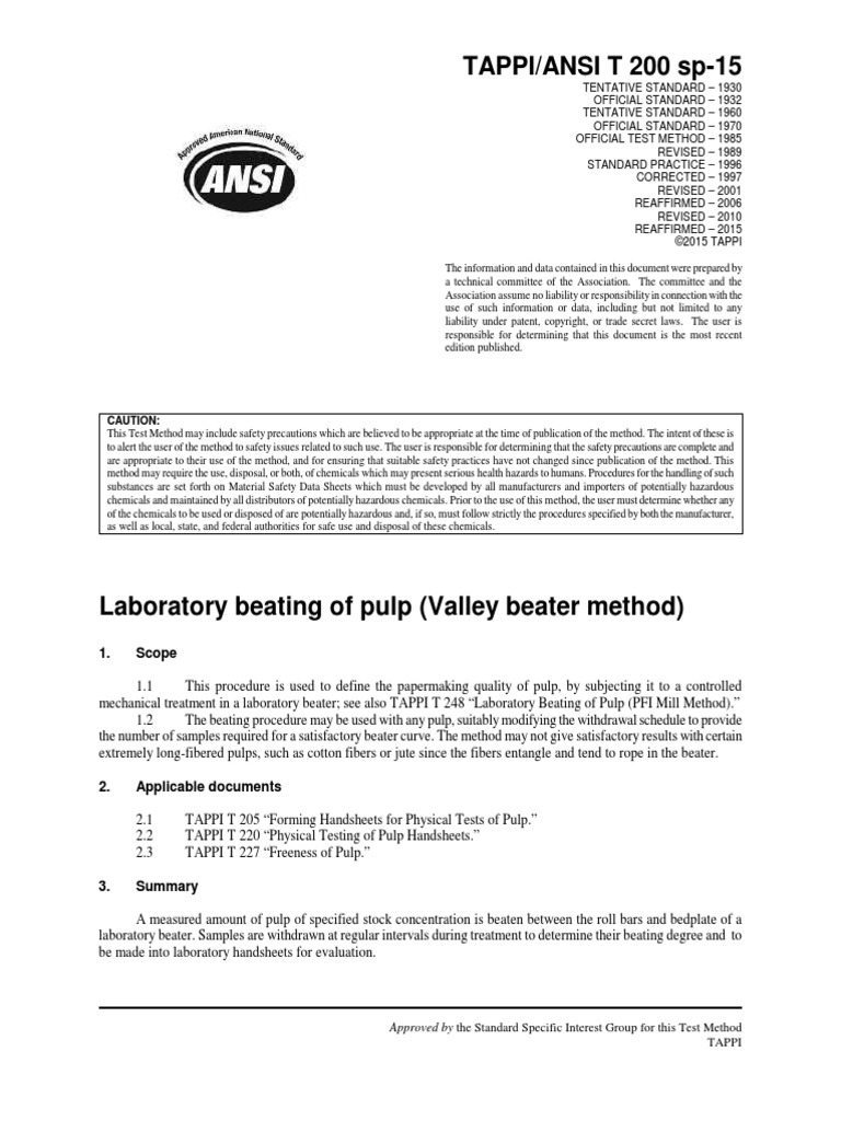 TAPPI/ANSI T 200 sp-15: 1. Scope | PDF | Pulp (Paper) | Safety