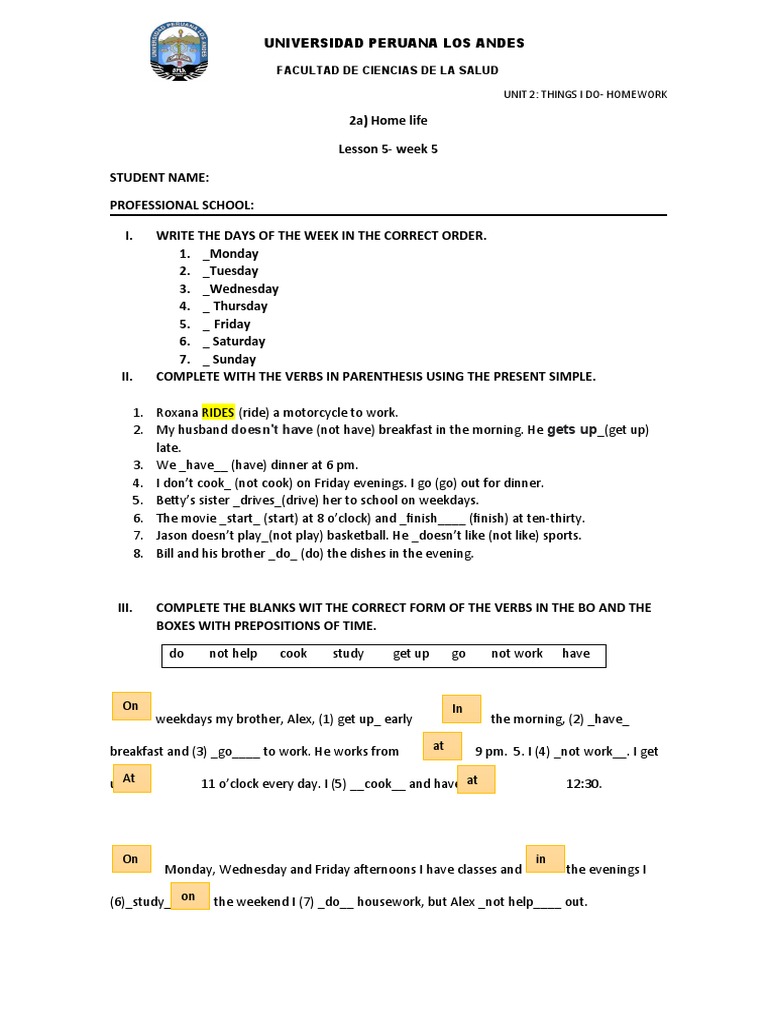 Homework: Daily Routines and Verbs | PDF | Language Arts & Discipline ...