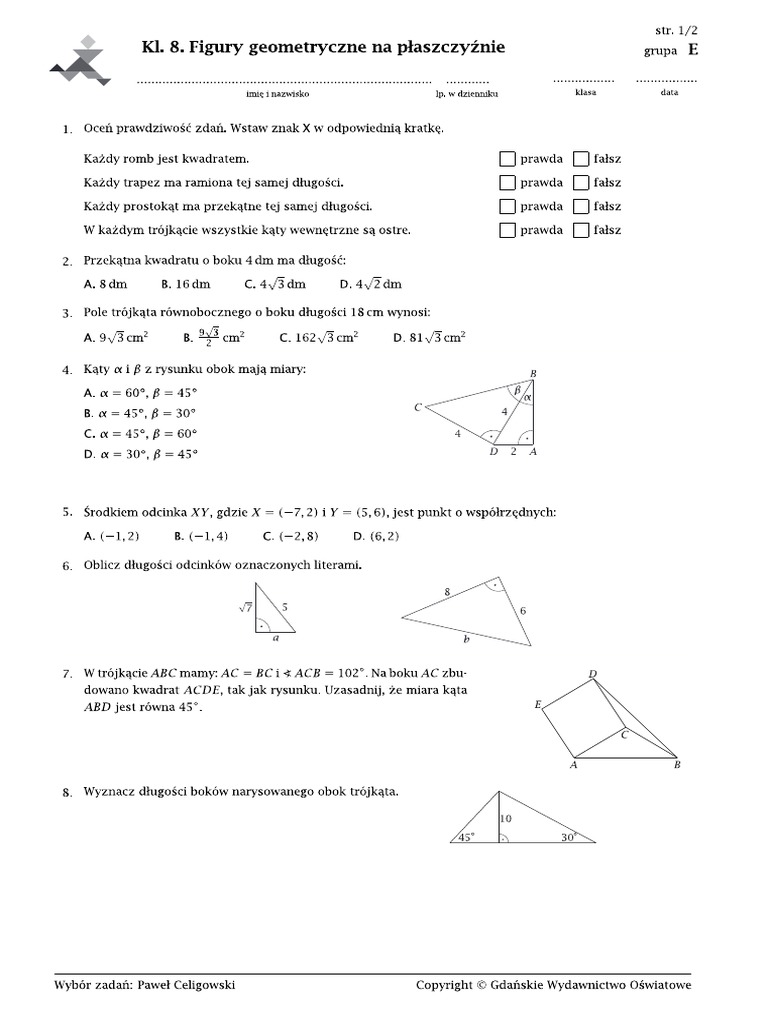 Sprawdzian Graniastosłupy Klasa 7 Gwo Sprawdzian Kl.8 Figury Geometryczne Na Płaszczyźnie E | PDF
