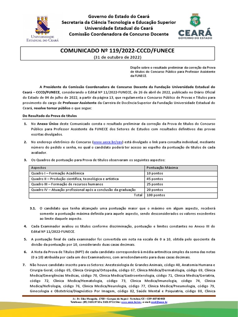 Resultado Preliminar do Concurso FUNECE | PDF | Professor | Universidade