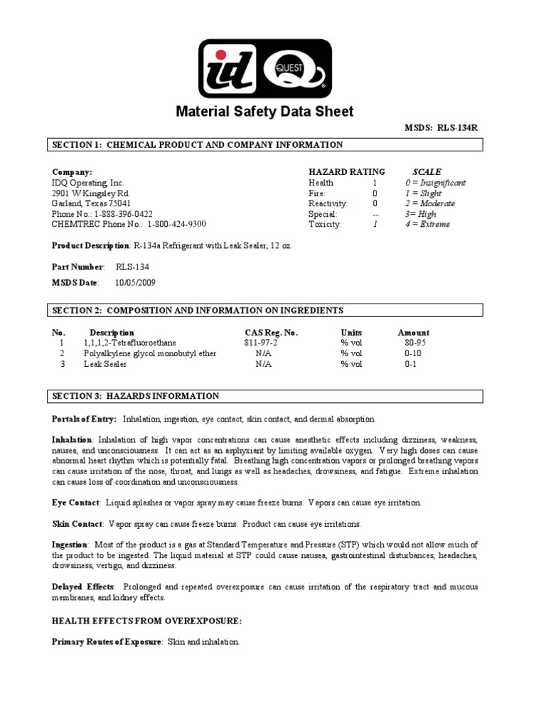 R-134a Refrigerant MSDS Overview | PDF | Sodium | Magnesium