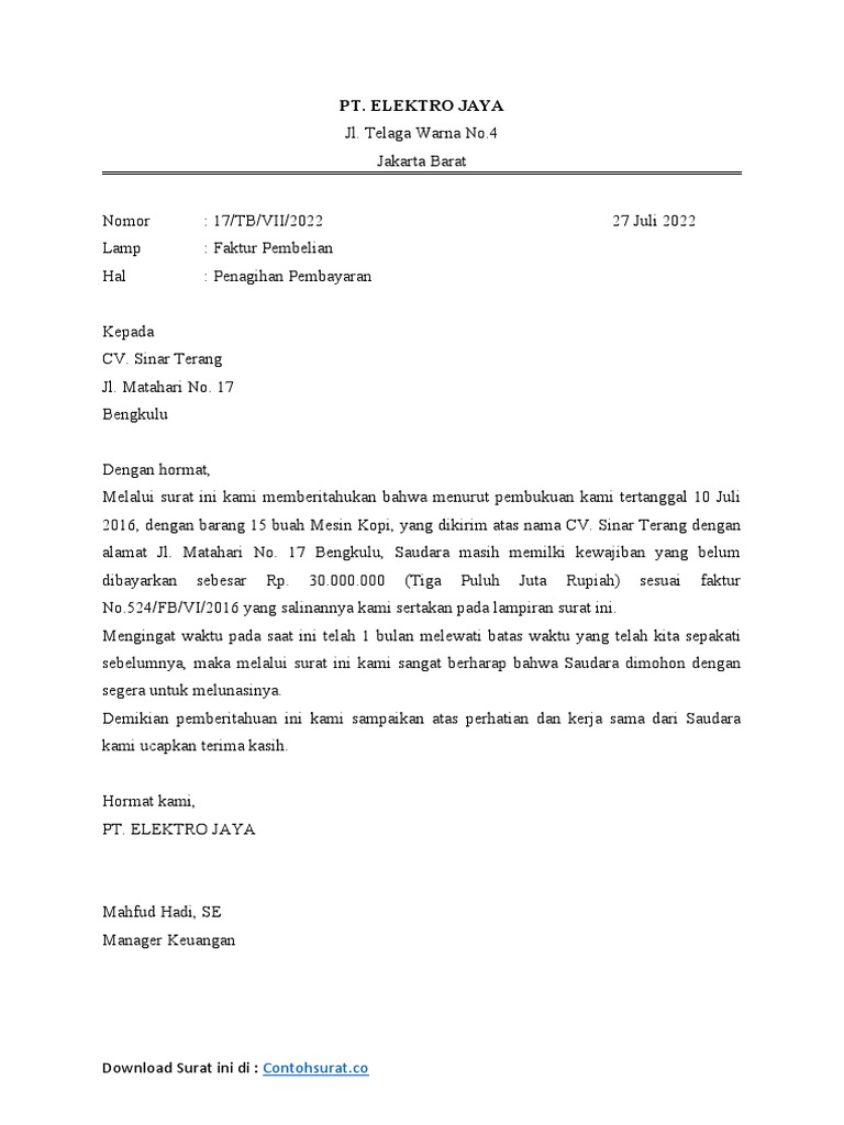 Surat Penagihan Pembayaran PT. Elektro Jaya | PDF