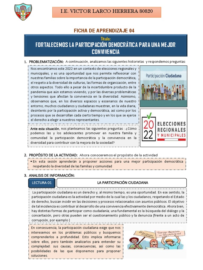 4 Ficha de Aprendizaje DPCC 2° Grado V Unidad | PDF | Participación ...