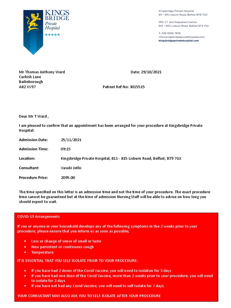 Admission Letter PDF Hospital Surgery