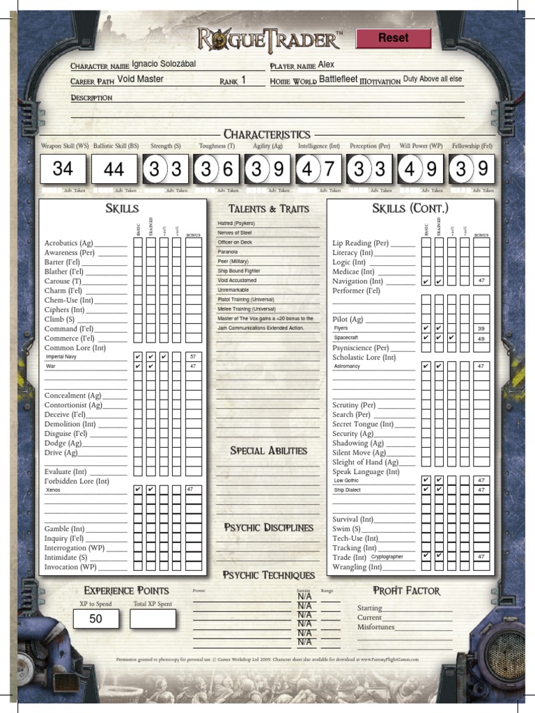 Rogue Trader Character Sheet Ignacio - Solozabal - Compressed | PDF