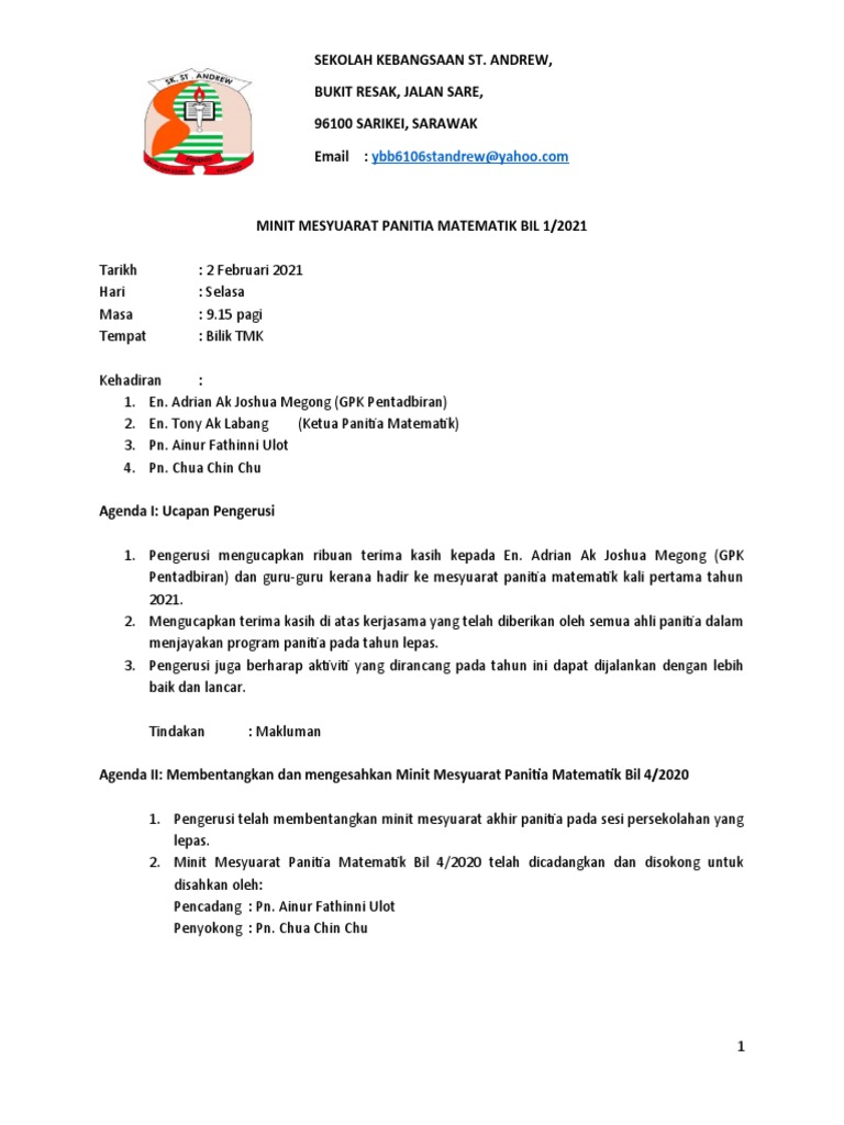 Minit Mesyuarat Panitia Matematik Bil 1 2021 Pdf