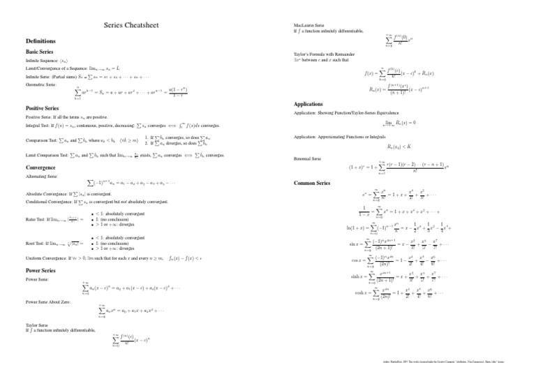 Series and Convergence Cheat Sheet | PDF