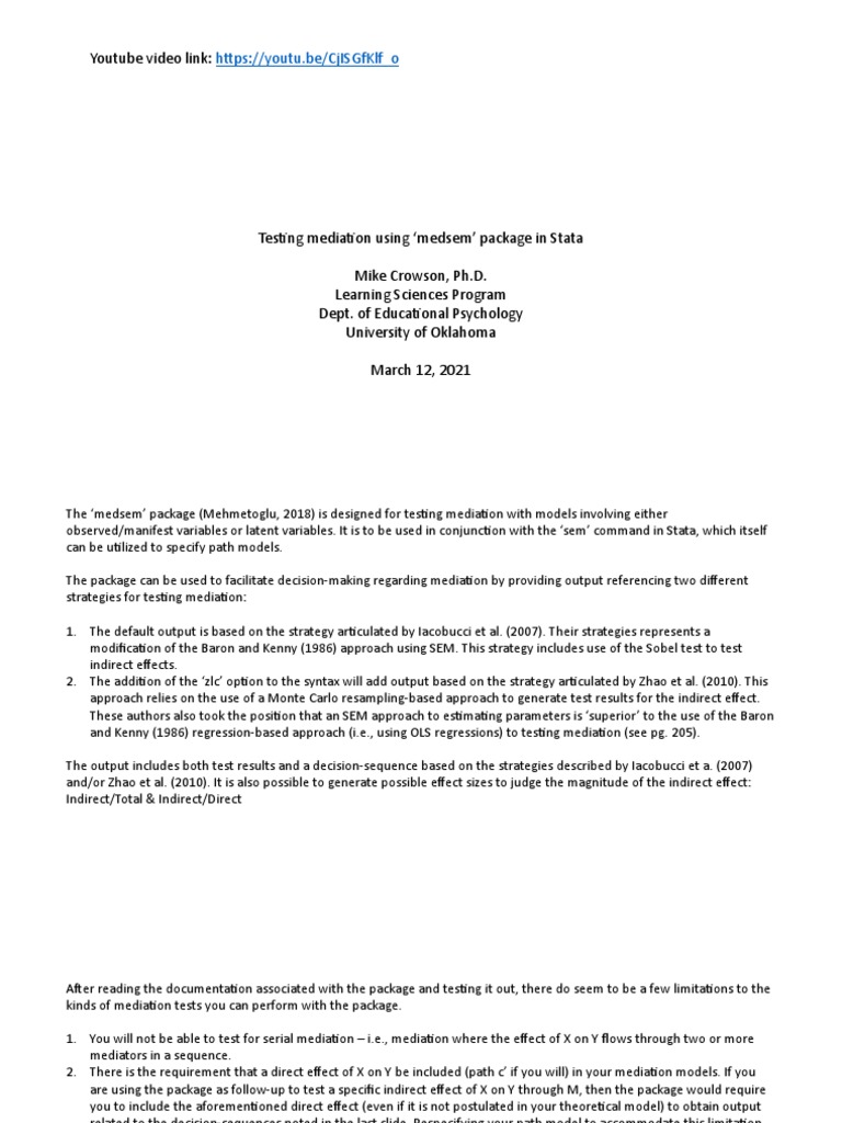 Testing Mediation Using Medsem' Package in Stata PDF Structural Equation Modeling