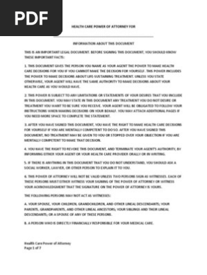 HEALTH CARE POWER OF ATTORNEY (SC Statutory Form)