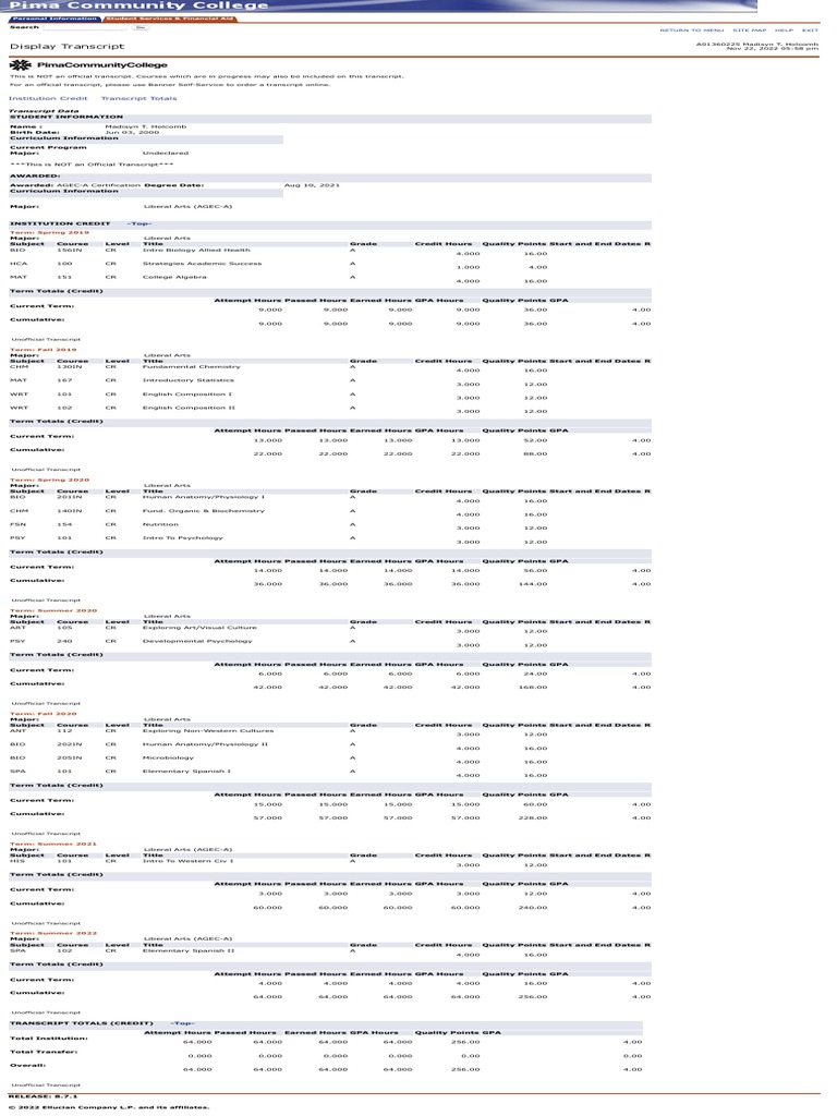 Pima Unofficial Transcript PDF Course Credit Student Assessment