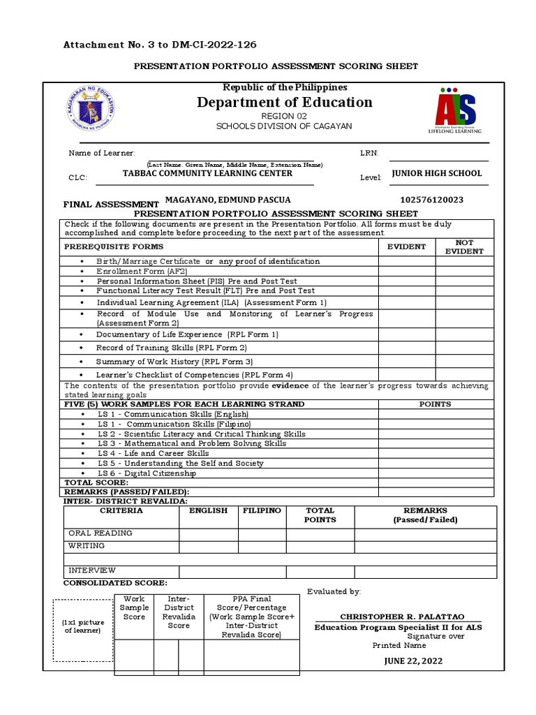 Attachment No 3 Presentation Portfolio Assessment Scoring Sheet Pdf