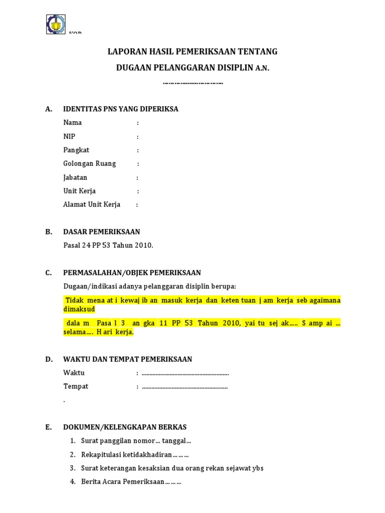 10 10 2 Pemrosesan Disiplin Pegawai Form Laporan Hasil Pemeriksaan Pdf