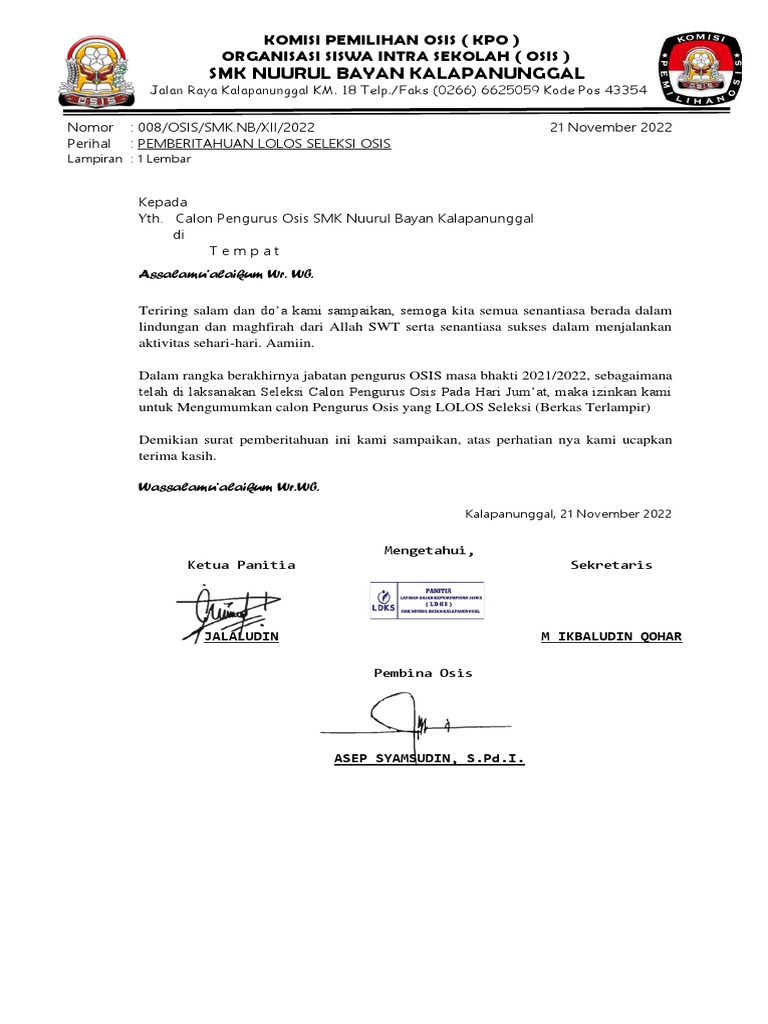 Surat pemberitahuan lolos seleksi osis pdf
