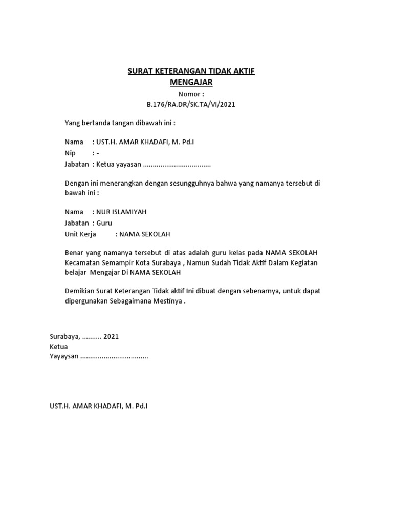 Surat Keterangan Tidak Aktif Mengajar | PDF