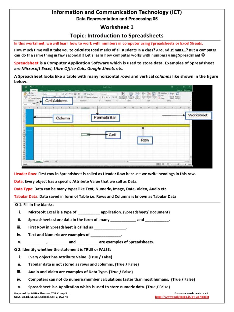 Introduction to Spreadsheets Worksheet | PDF