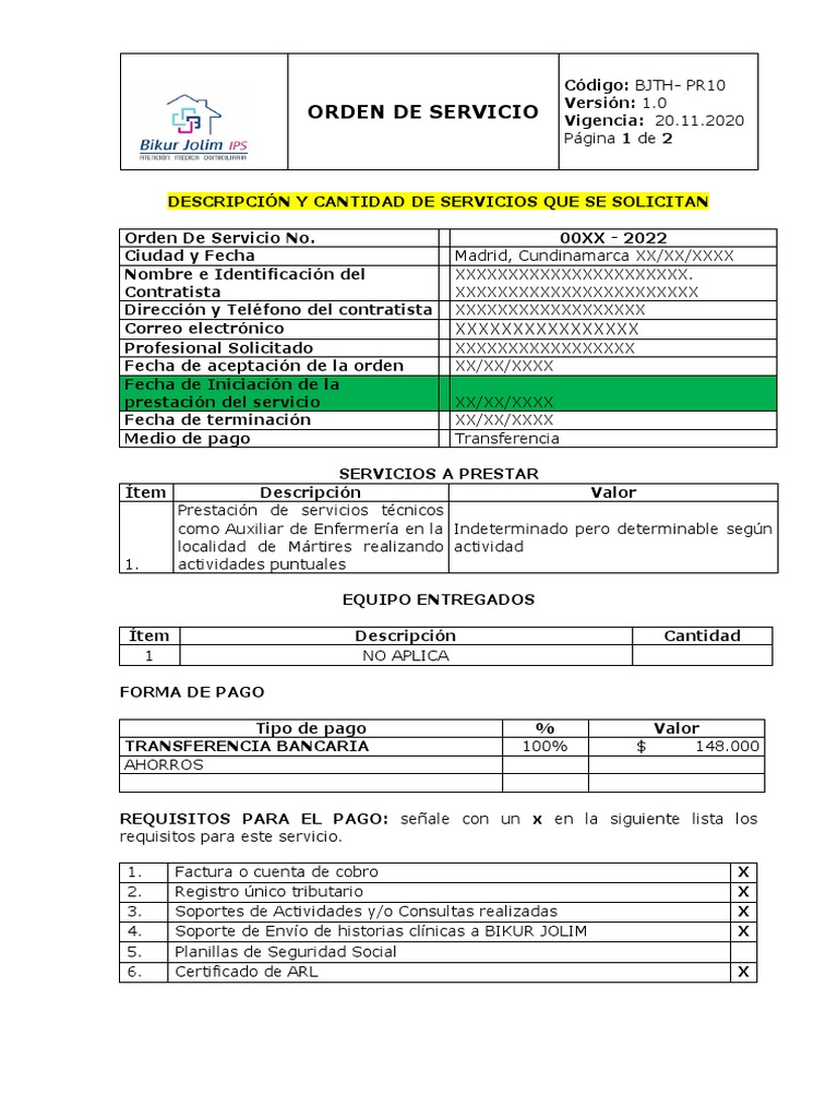 Orden de Servicio BJTH-PR10 2022 | PDF | Industrias de servicio