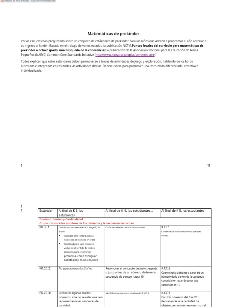 Estándares de Matemáticas para Prekínder | PDF | Conjunto (Matemáticas ...