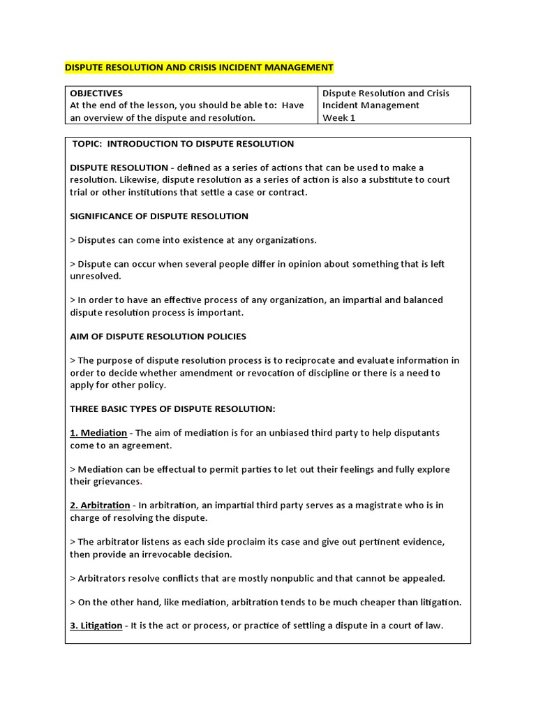 Dispute Resolution and Crisis Incident Management | PDF