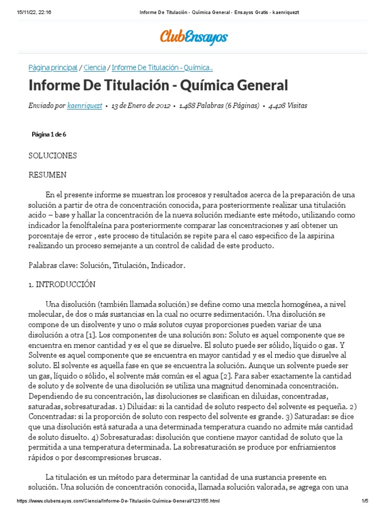 Informe de Titulación - Química General - Ensayos Gratis - Kaenriquezt |  PDF | Valoración | Química