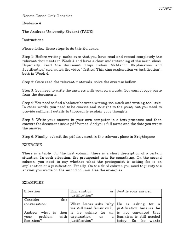 Evidence 4 Exercise Explanation Vs Justification PDF Thought