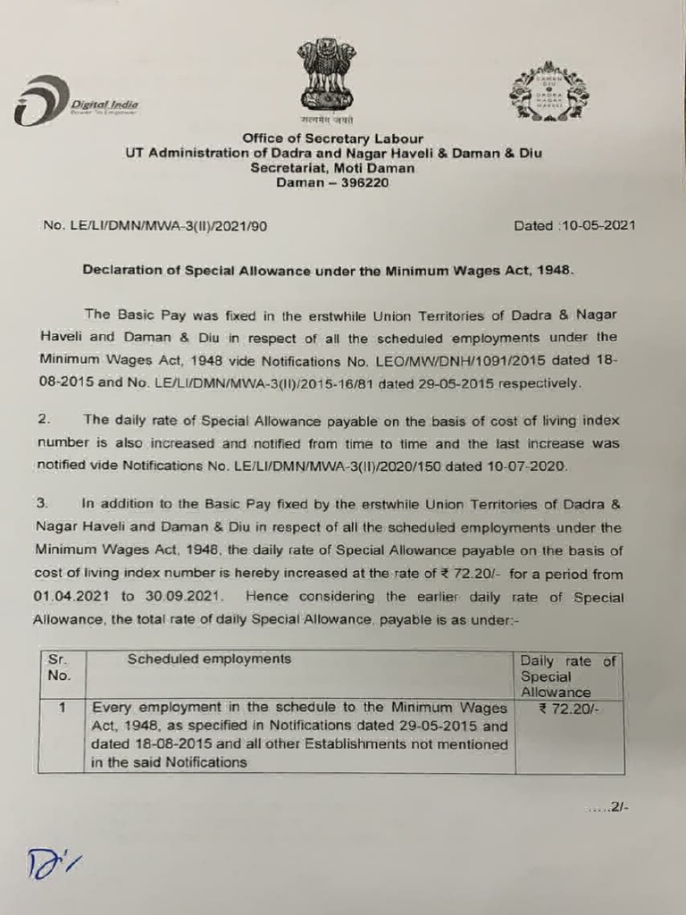 Dadra and Nagar Haveli Minimum Wage Notification 1st April 2021