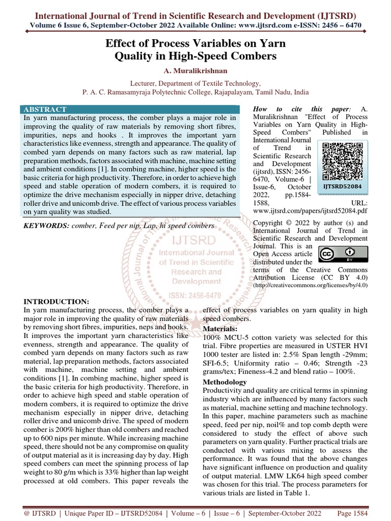 Effect of Process Variables On Yarn Quality in High Speed Combers PDF