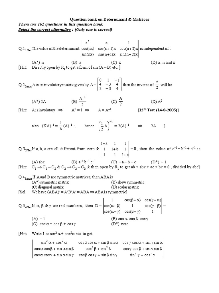 Matrices Determinants Question Bank PDF Determinant Elementary