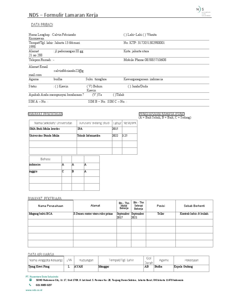 Formulir Lamaran Kerja NDS | PDF