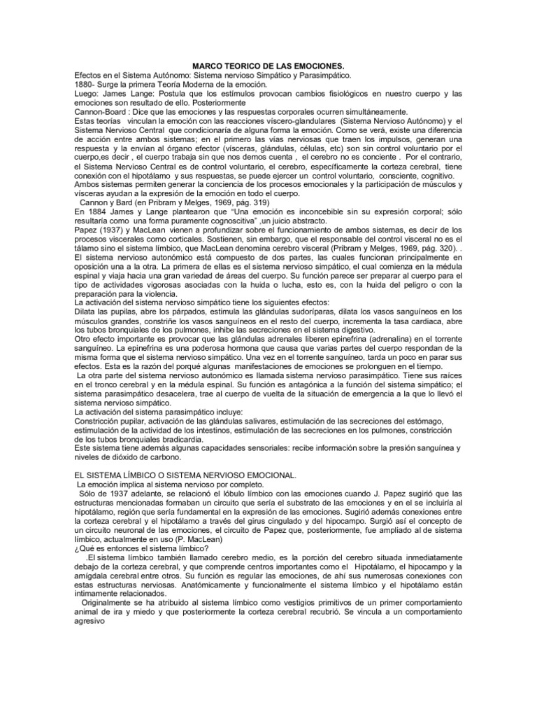 Marco Teórico de las Emociones | PDF | Sistema límbico | Hipotálamo