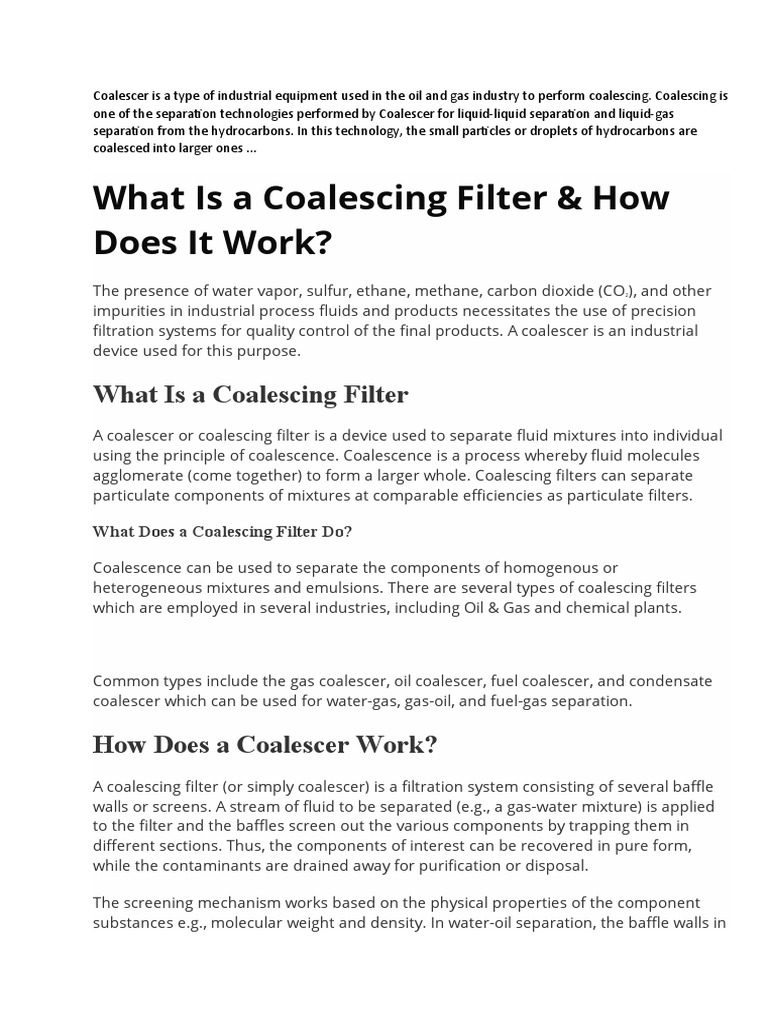Coalescing Filter NOTES PDF Filtration Soft Matter