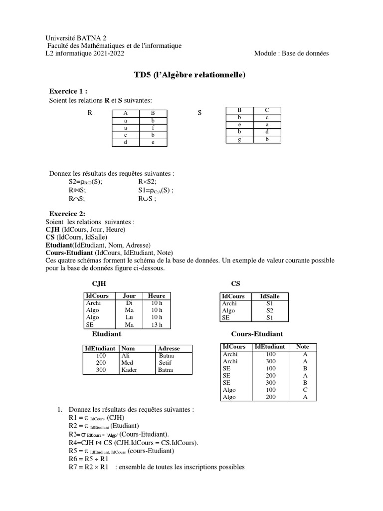 Algèbre Relationnelle en Bases de Données | PDF | Données | Informatique