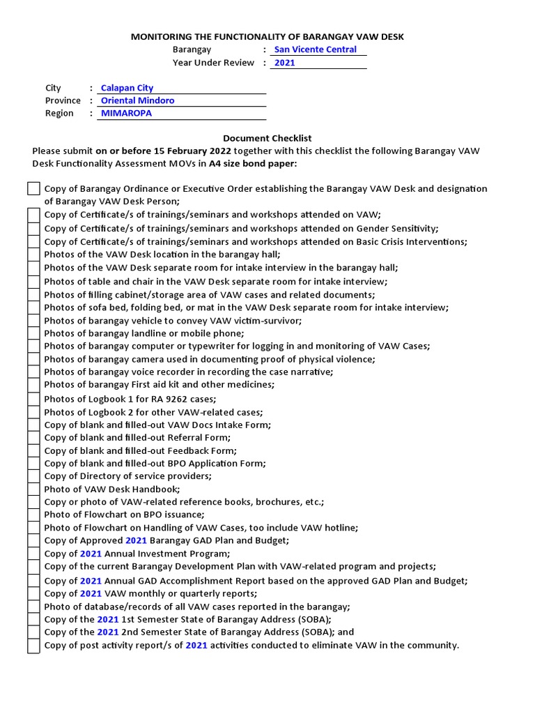 VAWDeskFunctionalityDocumentChecklist PDF Desk Computing