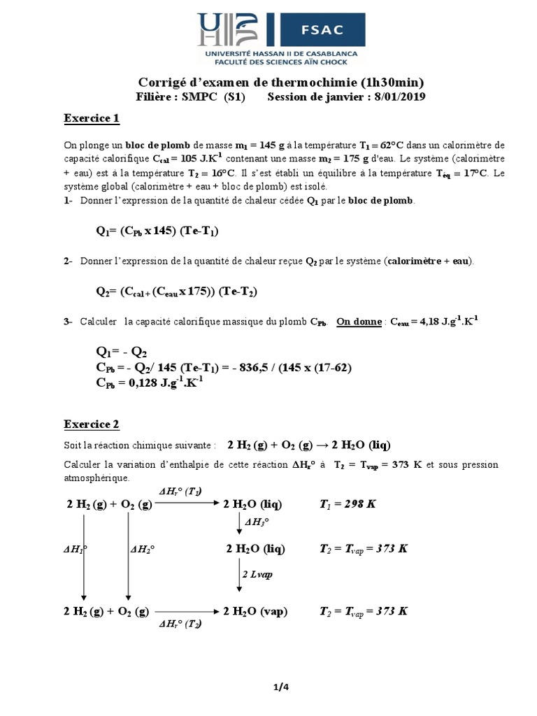 Corrigé d'examen de thermochimie 2019 | PDF | Enthalpie libre ...