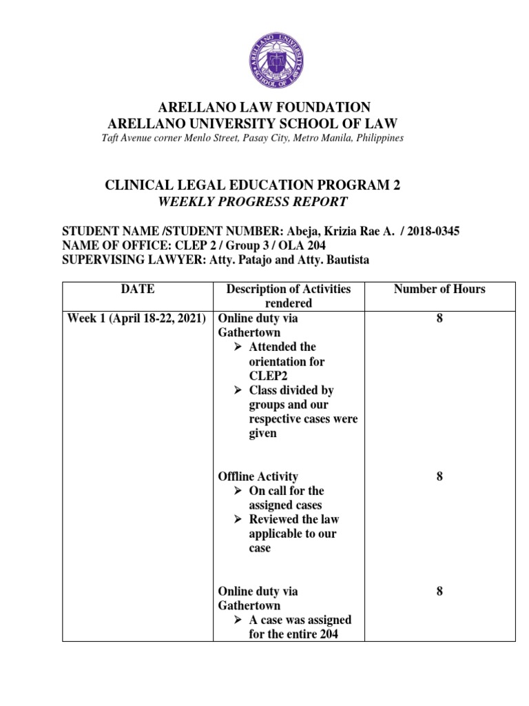 Week 1 Weekly Progress Report | Download Free PDF | Public Law | Justice