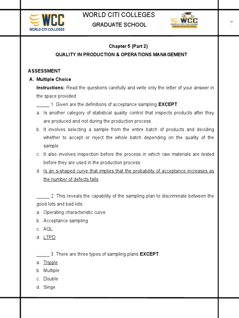 Chapter5 Quality in Production & Operations Management Questions | PDF ...