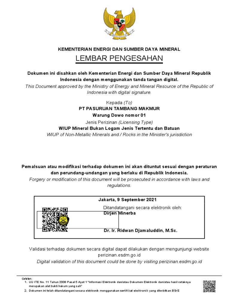 Persetujuan WIUP PT Pasuruan | PDF