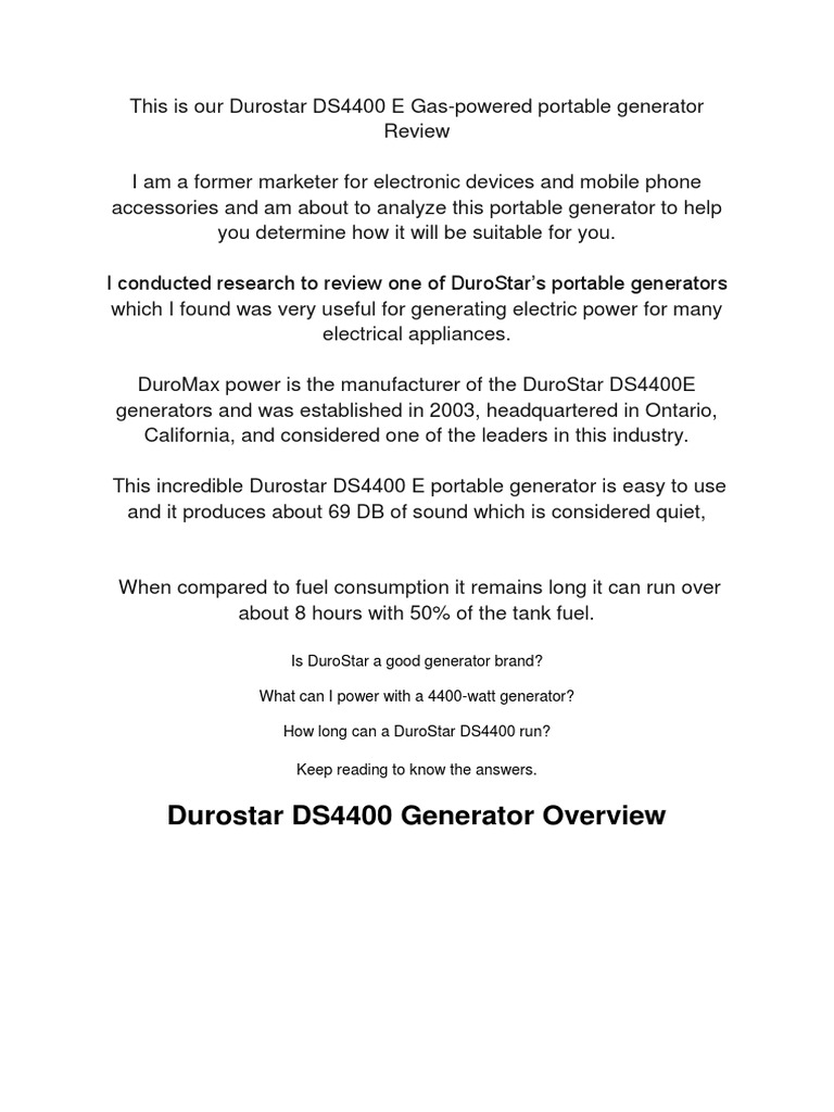Durostar DS4400 Generator Overview PDF Electric Generator