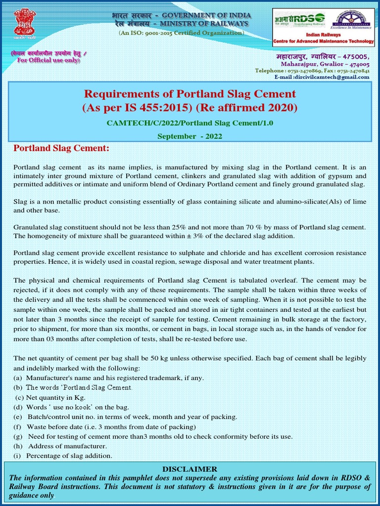 Pamphlet On Requirements of Portland Slag Cement As Per Is 455-2015 ...