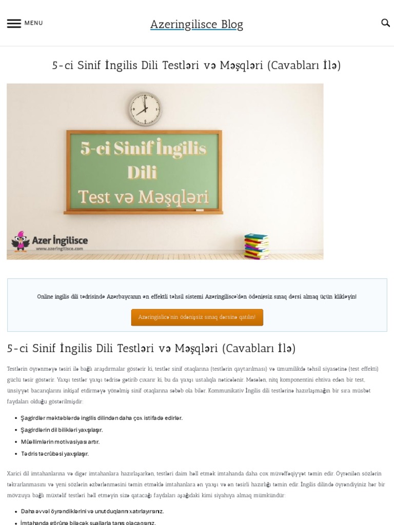 5 Ci Sinif İngilis Dili Testləri Və Məşqləri Cavabları İlə