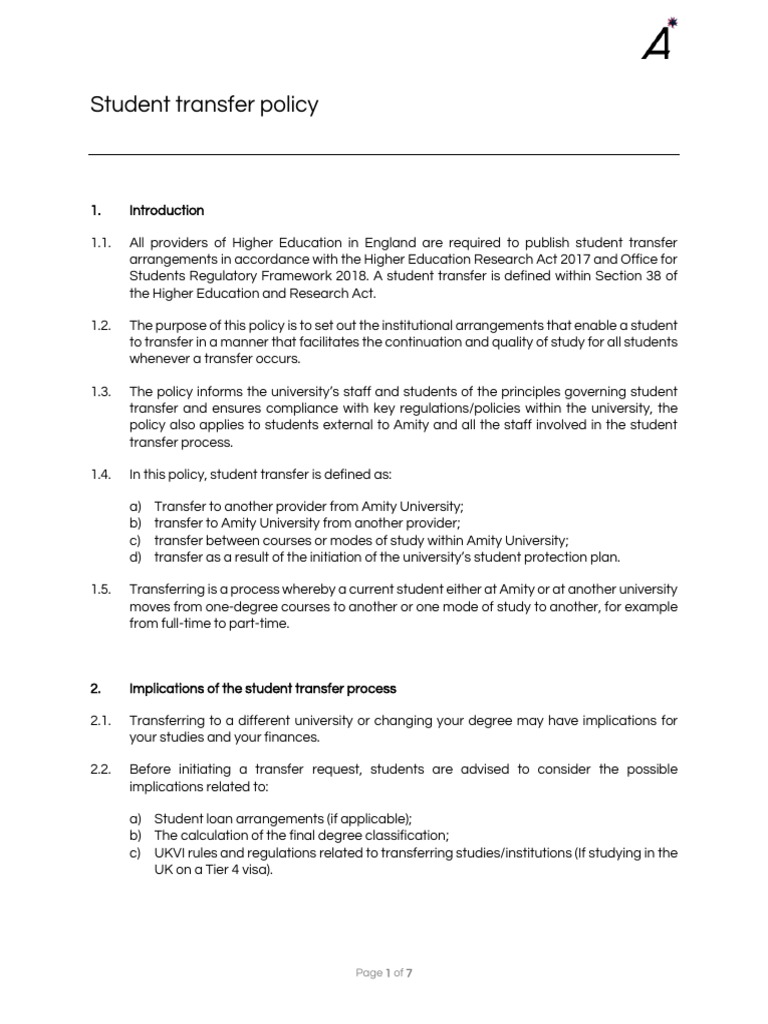 Amity University Student Transfer Policy | PDF